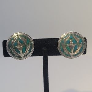 Antique Sterling Silver Mosaic Turquoise Round Earrings
